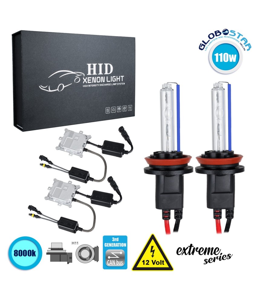 GloboStar® 84162 H11 XCB Line KIT Βασικού Φωτισμού Αυτοκινήτου & Μοτοσυκλέτας 3rd Generation Can-Bus Extreme Series XENON 110W 10350lm DC 9-16V Αδιάβροχο IP65 Ψυχρό Λευκό 8000K